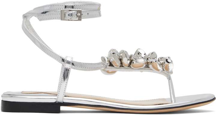 Photo: MACH & MACH Silver Puffy Heart Mirror Leather Thong Sandals