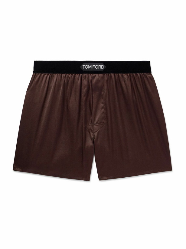 Photo: TOM FORD - Velvet-Trimmed Stretch-Silk Satin Boxer Shorts - Red