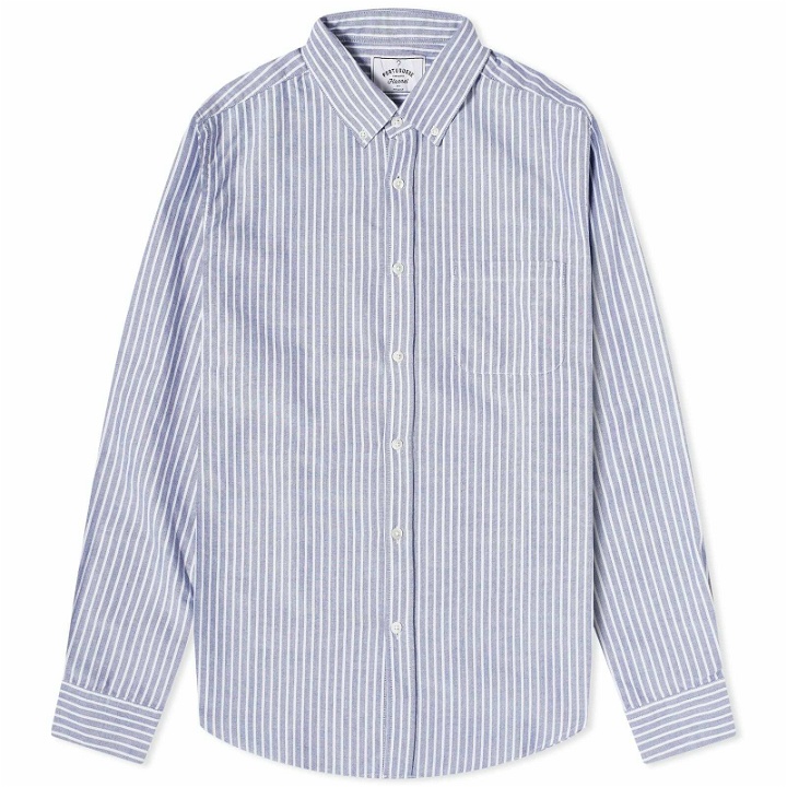 Photo: Portuguese Flannel Men's Belavista Stripe Button Down Oxford Shirt in White/Blue