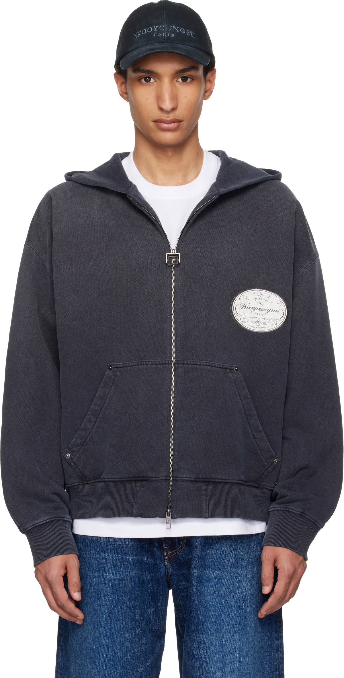 WOOYOUNGMI Navy Lettering Back Logo Zip-Up Hoodie
