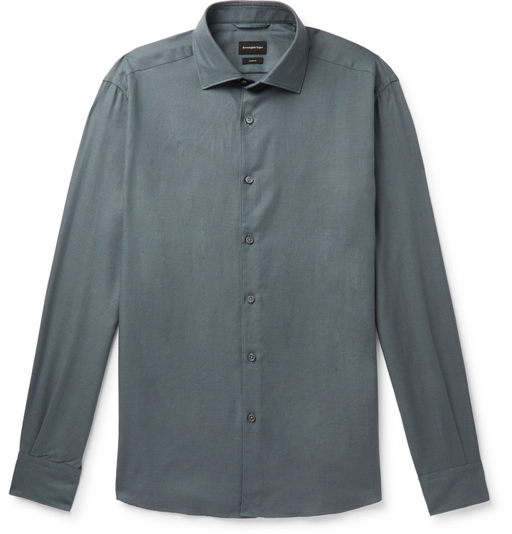 Photo: Ermenegildo Zegna - Navy Cotton and Cashmere-Blend Twill Shirt - Blue