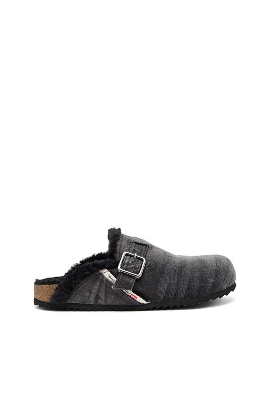 Photo: Diesel D-Woodstock-Denim mules with fluffy lining - Slides Mens in Black