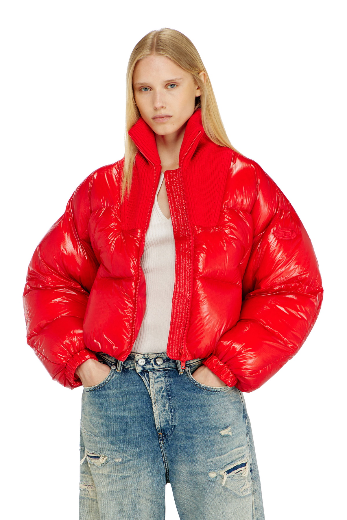 Diesel Down puffer jacket in ripstop with knitted collar - Winter Jackets Womens in Red