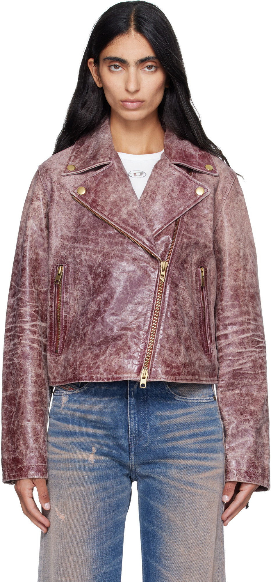 Diesel Pink Treated Leather Biker Jacket