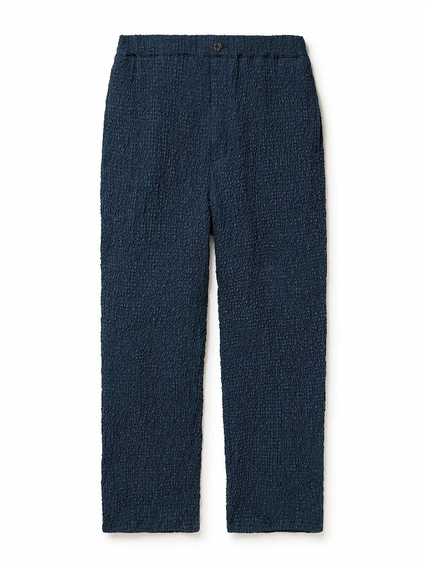 Photo: Blue Blue Japan - Straight-Leg Checked Seersucker Drawstring Trousers - Blue