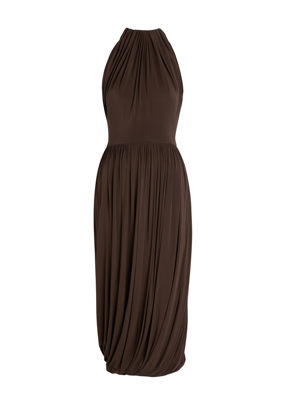 Alaïa Sculpting Ruched Wool Midi Dress Dark Brown