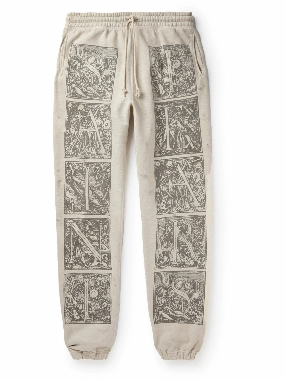 SAINT Mxxxxxx - Denim Tears Tapered Printed Distressed Cotton-Jersey Sweatpants - Gray