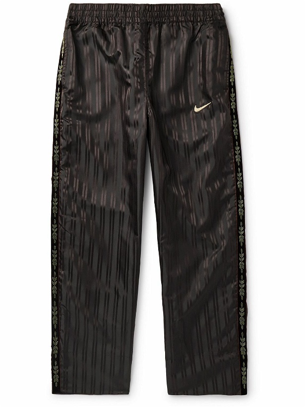 Photo: Nike - BODE Scrimmage Straight-Leg Velvet-Trimmed Striped Satin Trousers - Brown