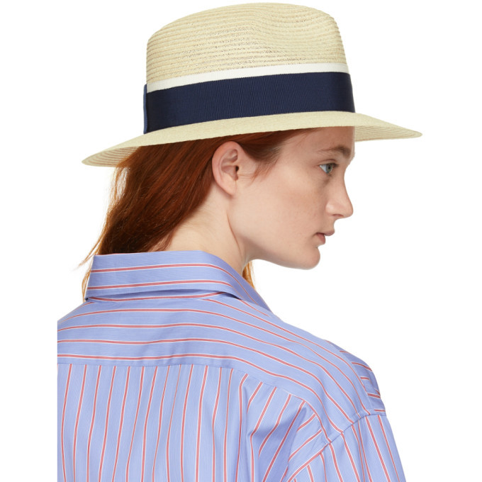 Maison Michel Beige and Navy Straw Henrietta Fedora Maison