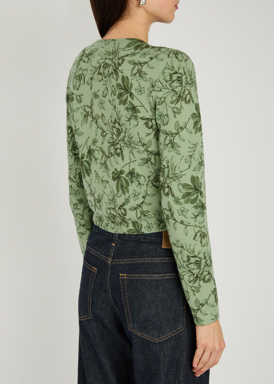 Alice + Olivia Carson Floral Cropped Cotton-blend Cardigan Green