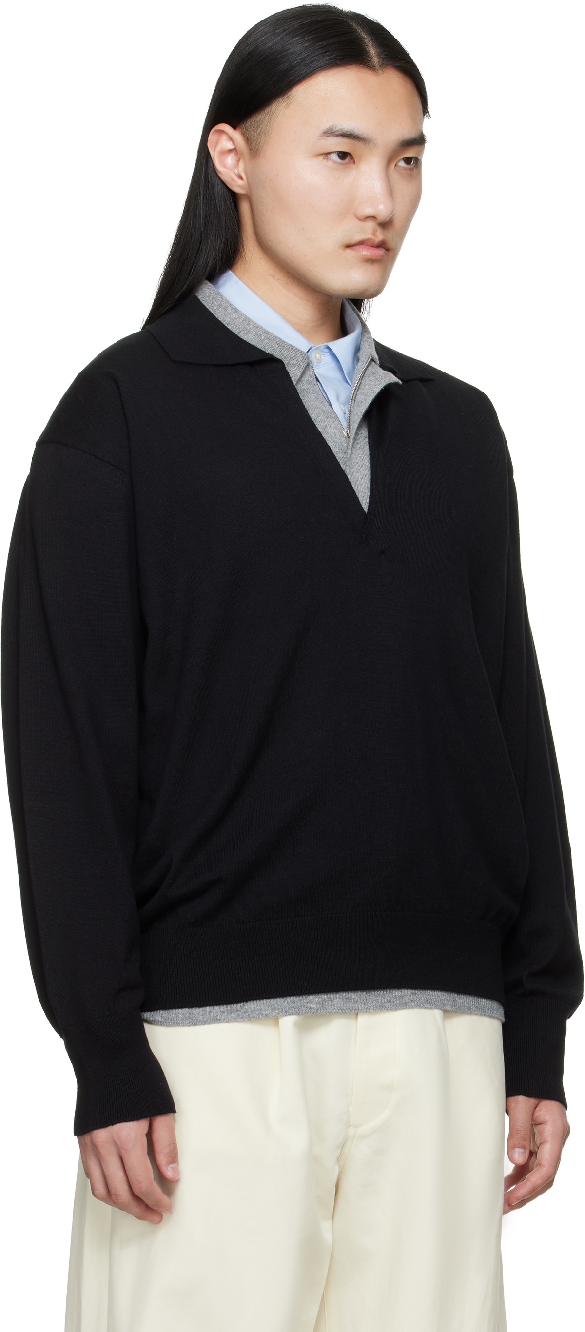 ssstein Black Organic Cotton Knit Skipper LS Polo