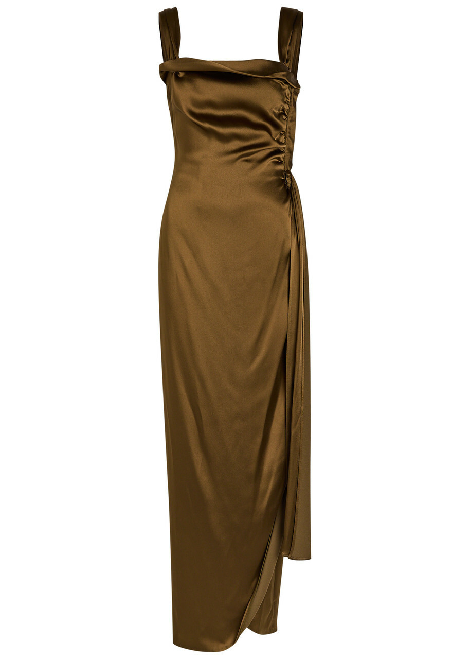 Maison Margiela Draped Satin and Silk-blend Maxi Dress Brown