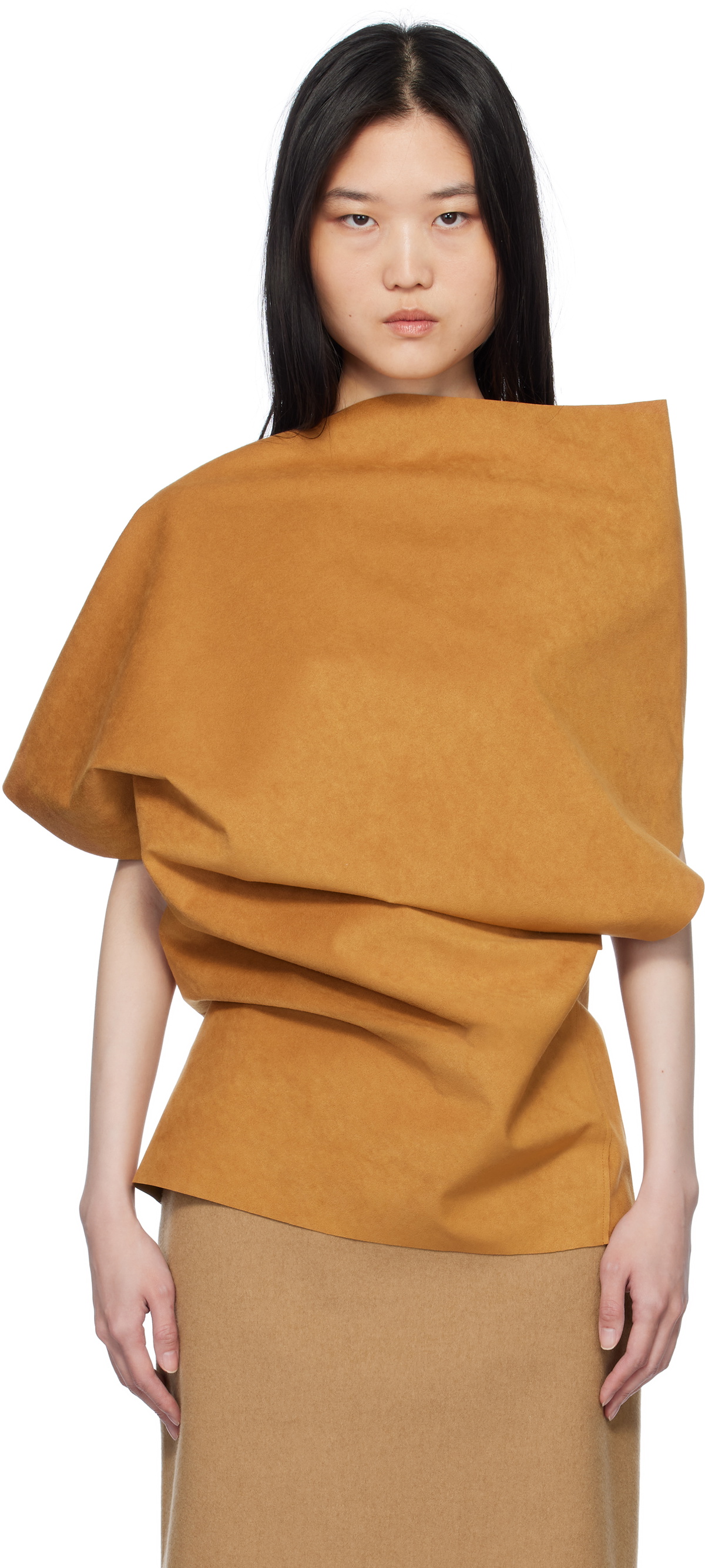 AO Yes Tan Asymmetric Faux-Suede Blouse