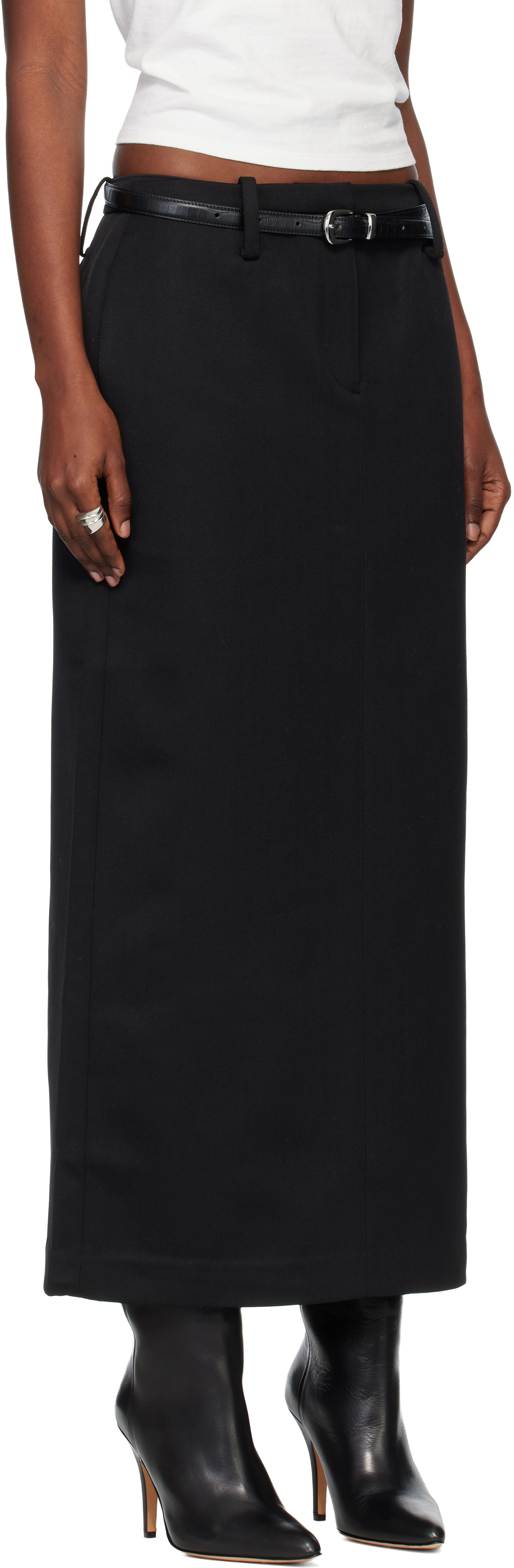 TONYWACK Black Low-Waisted Wool-Twill Belted Maxi Skirt