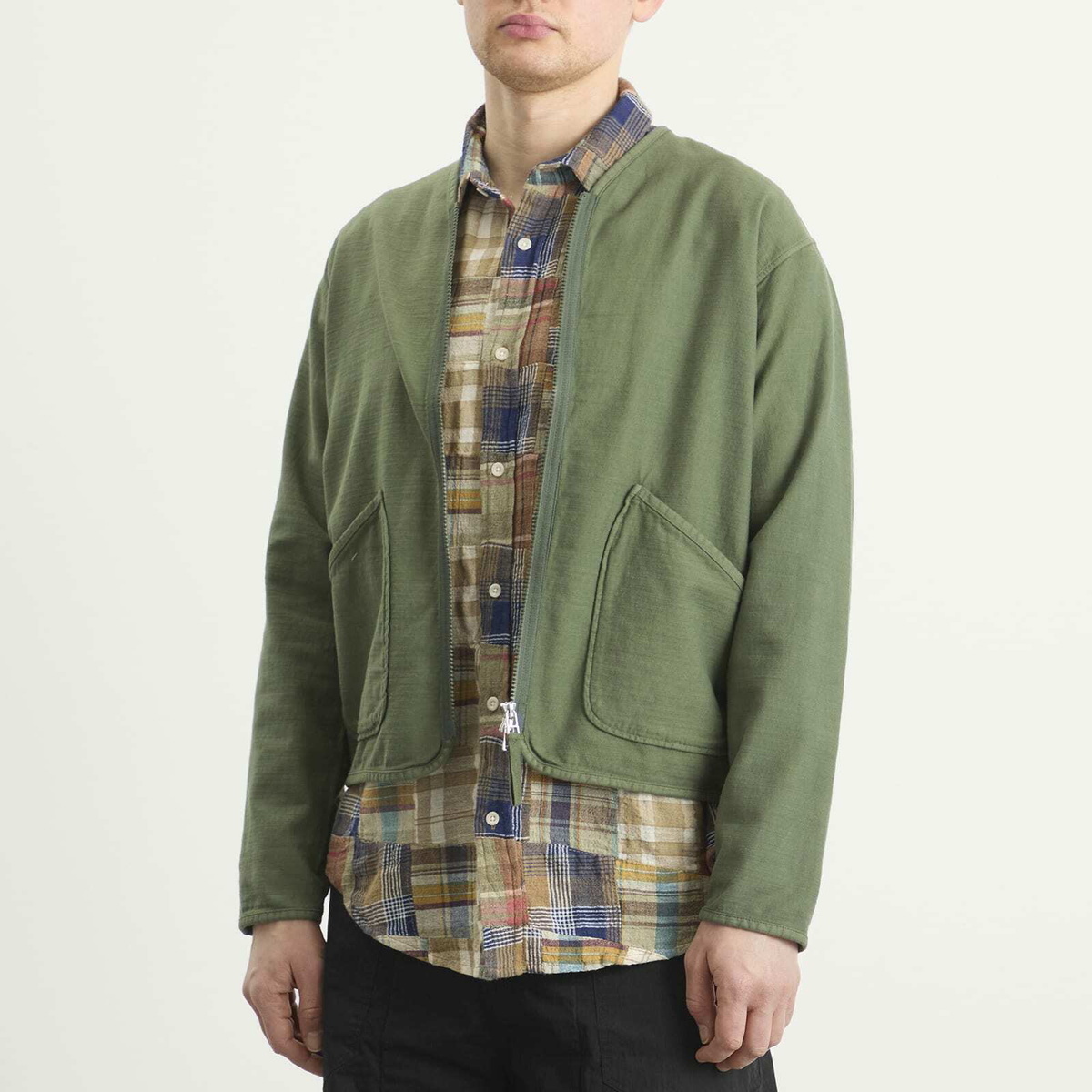 Universal Works Men's Slub Sateen Zip Liner Jacket in Olive