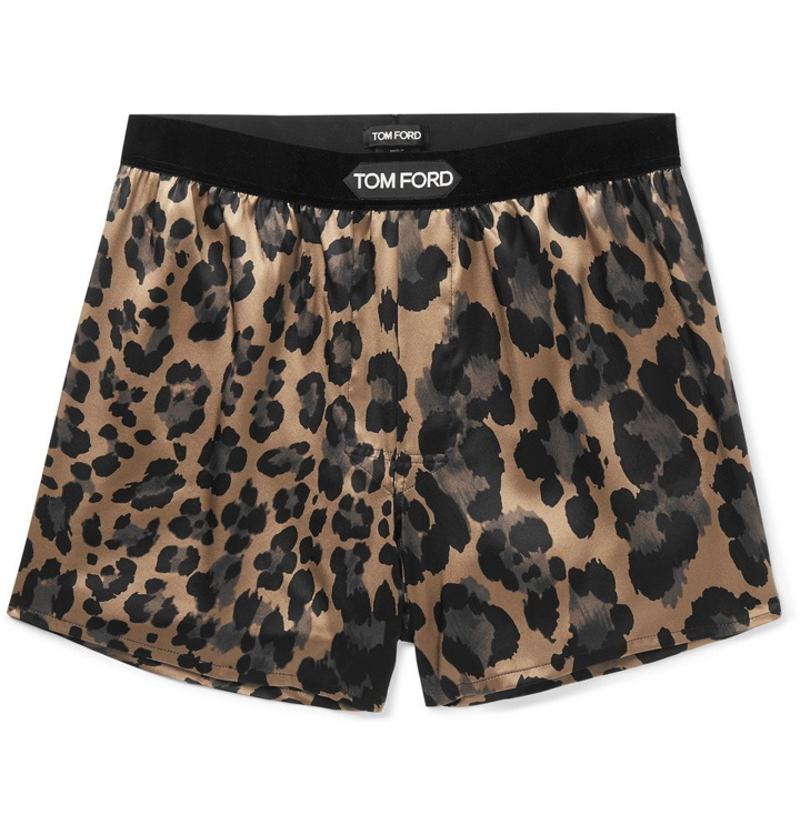 Photo: TOM FORD - Velvet-Trimmed Leopard-Print Stretch-Silk Boxer Shorts - Brown