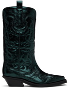GANNI Green Metallic Mid Shaft Embroidered Western Boots