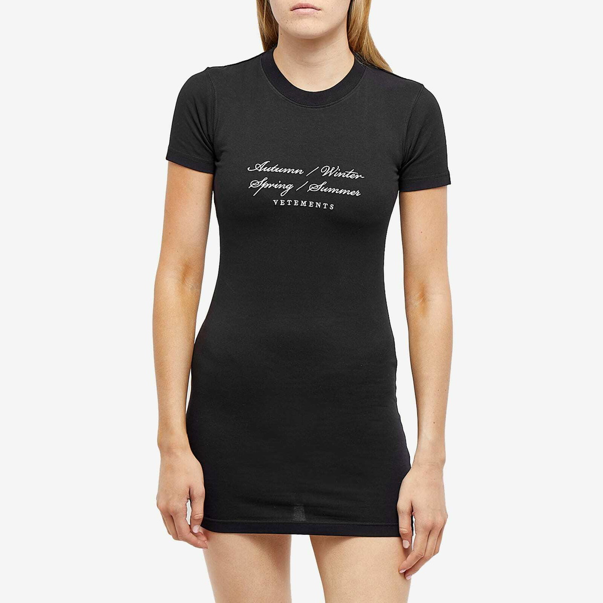Vetements Women's 4 Seasons Logo Fitted T-Shirt Dress in Black Vetements Vetements Women's 4 Seasons Logo Fitted T-Shirt Dress in Black Vetements