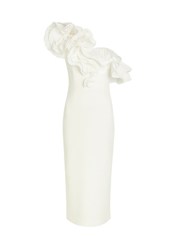 Photo: Rebecca Vallance Ozias Ruffled Crepe Midi Dress Ivory