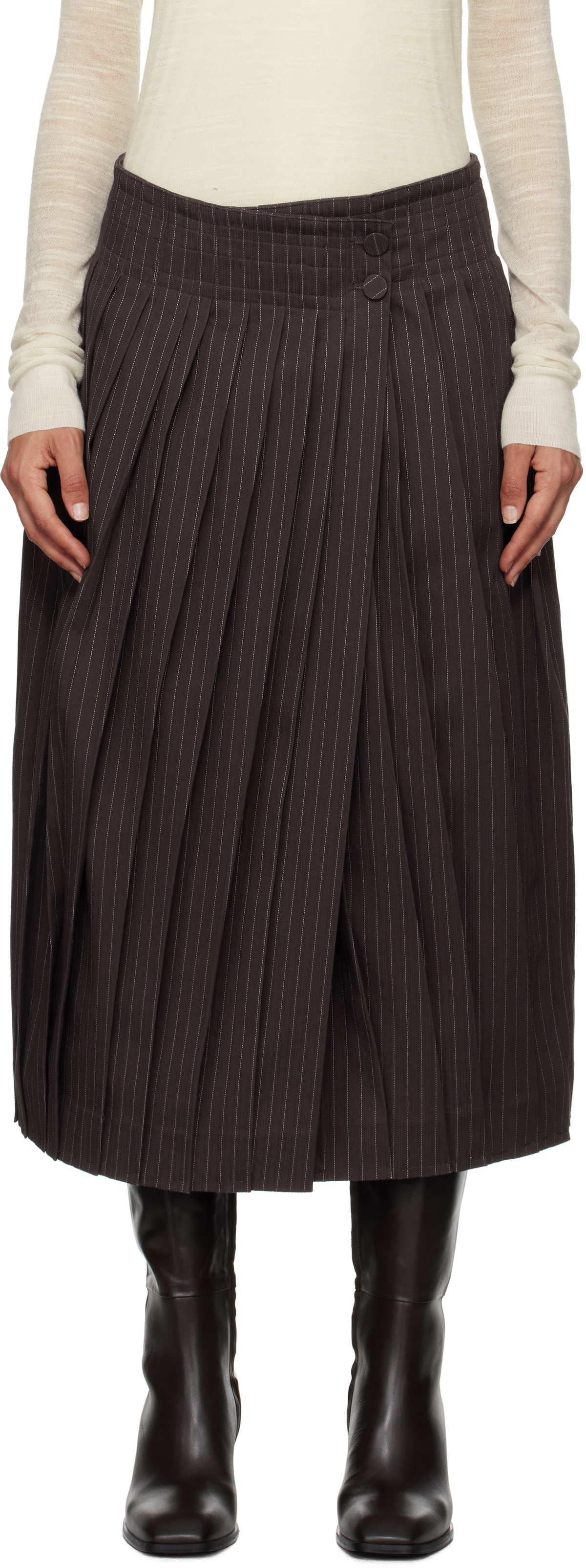 REMAIN Birger Christensen Brown Pleated Midi Skirt