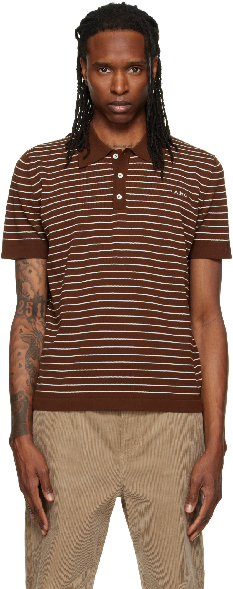 A.P.C. Brown Fitted Striped Polo