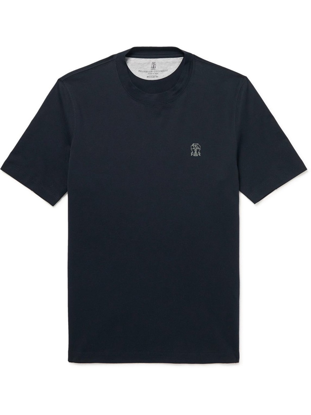 Photo: Brunello Cucinelli - Logo-Print Cotton-Jersey T-Shirt - Blue