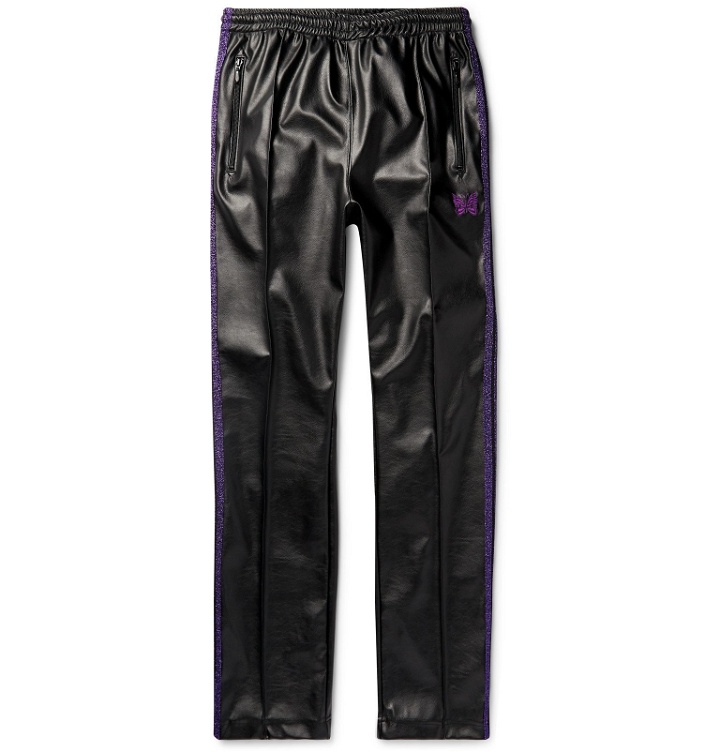 Photo: Needles - Logo-Embroidered Webbing-Trimmed Faux Leather Track Pants - Black