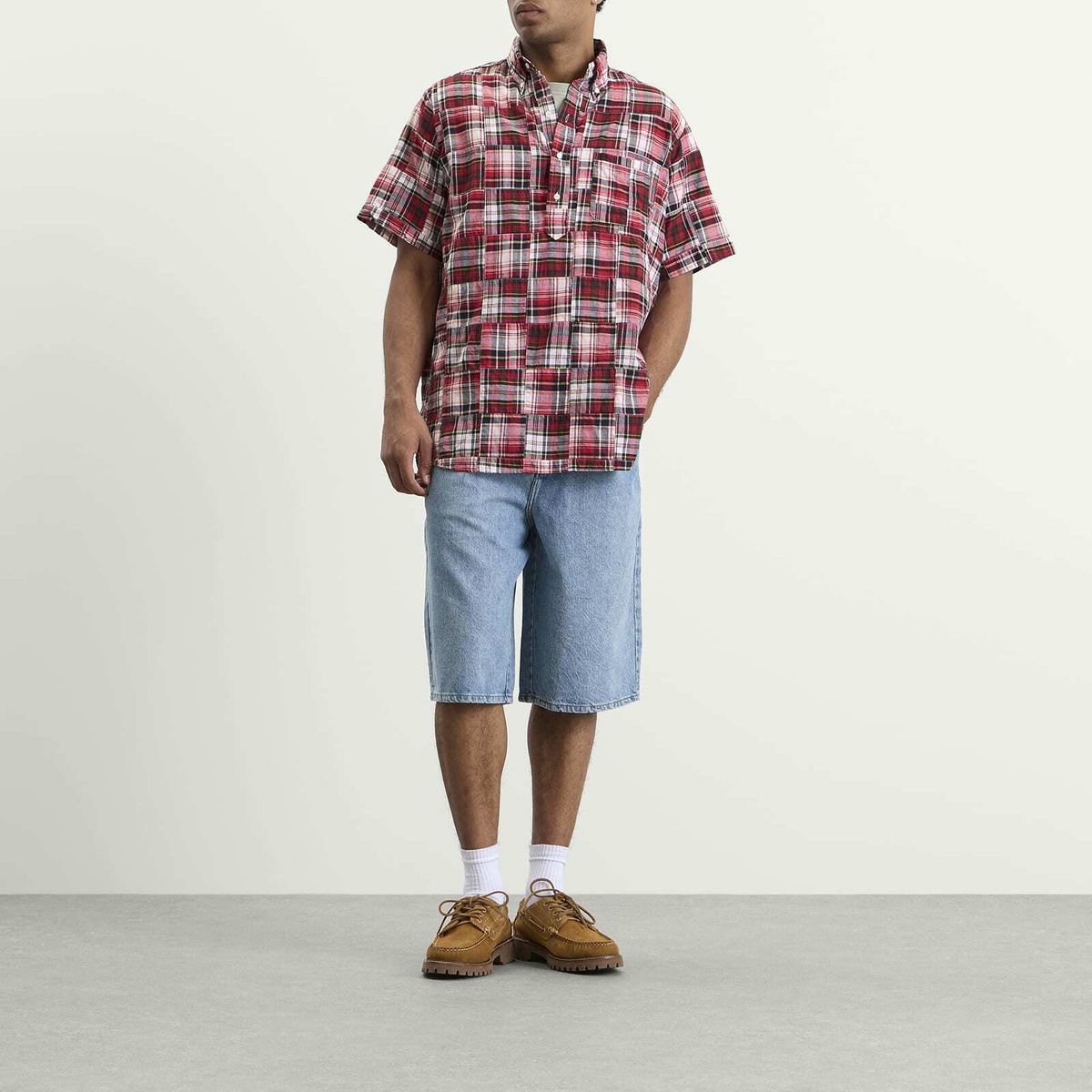 Beams Plus Men's Pullover Patchwork Masras Shirt in Red Patchwork