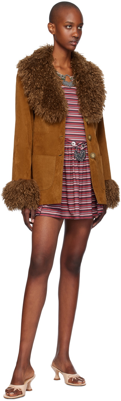 Anna Sui Tan Faux-Fur Trimmed Faux-Suede Jacket