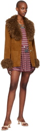 Anna Sui Tan Faux-Fur Trimmed Faux-Suede Jacket