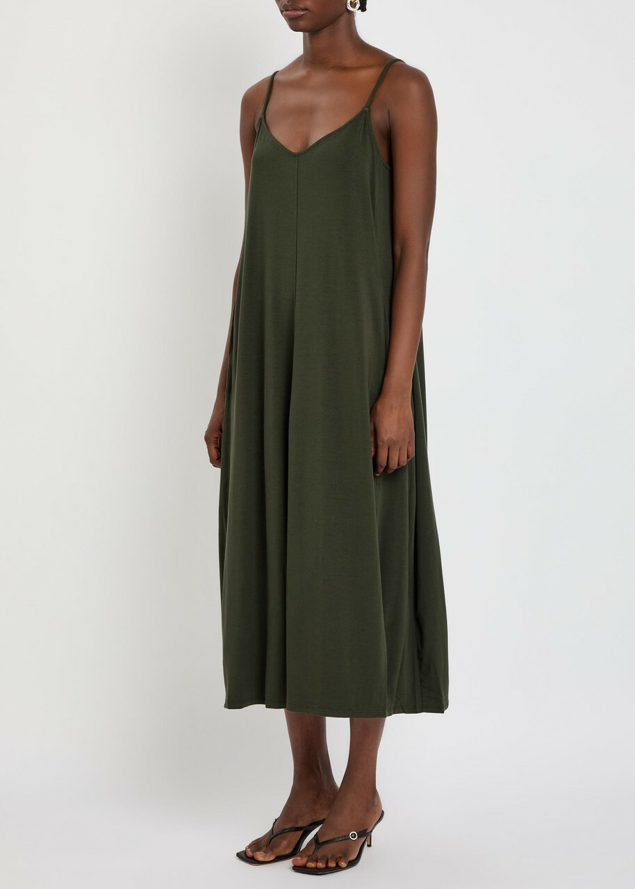 Eileen Fisher Lantern Jersey Midi Dress Dark Green