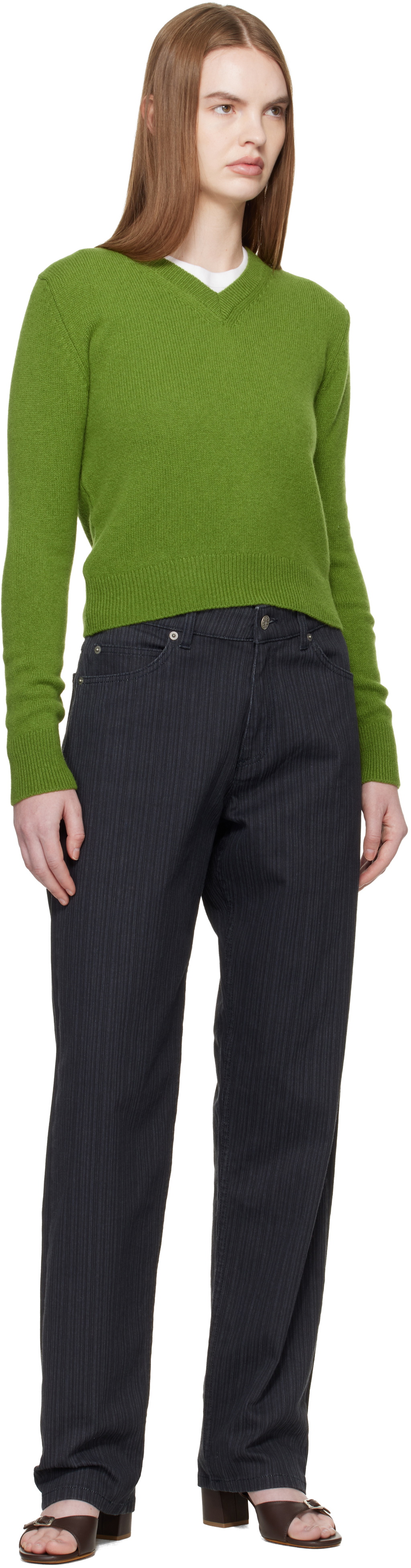 &Daughter Green Sligo Shrunken V-Neck Sweater