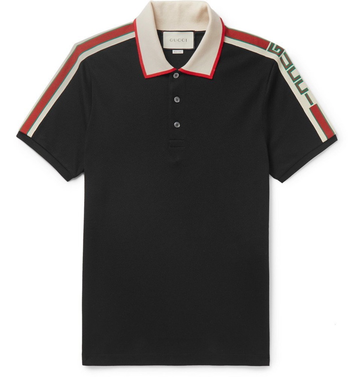 Photo: Gucci - Slim-Fit Webbing-Trimmed Stretch-Cotton Piqué Polo Shirt - Black