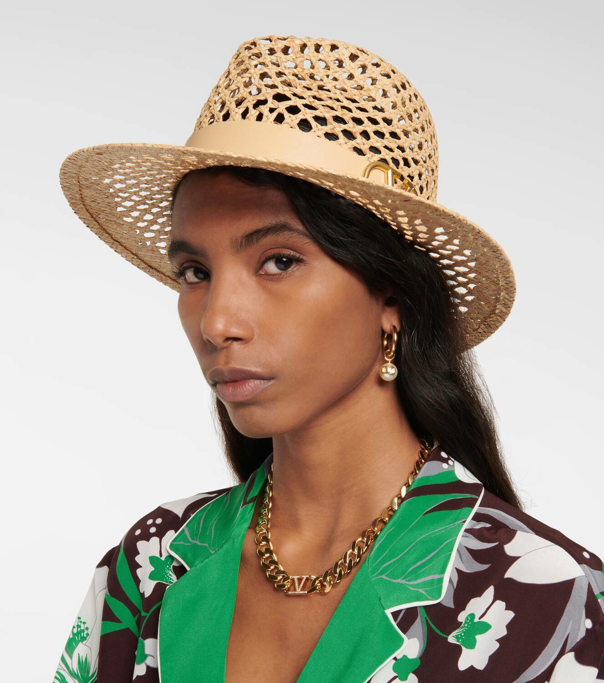 Valentino VLogo leather-trimmed straw hat Valentino