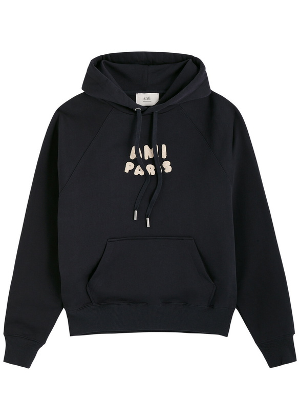 Photo: Ami Paris Logo-embroidered Hooded Cotton Sweatshirt Navy