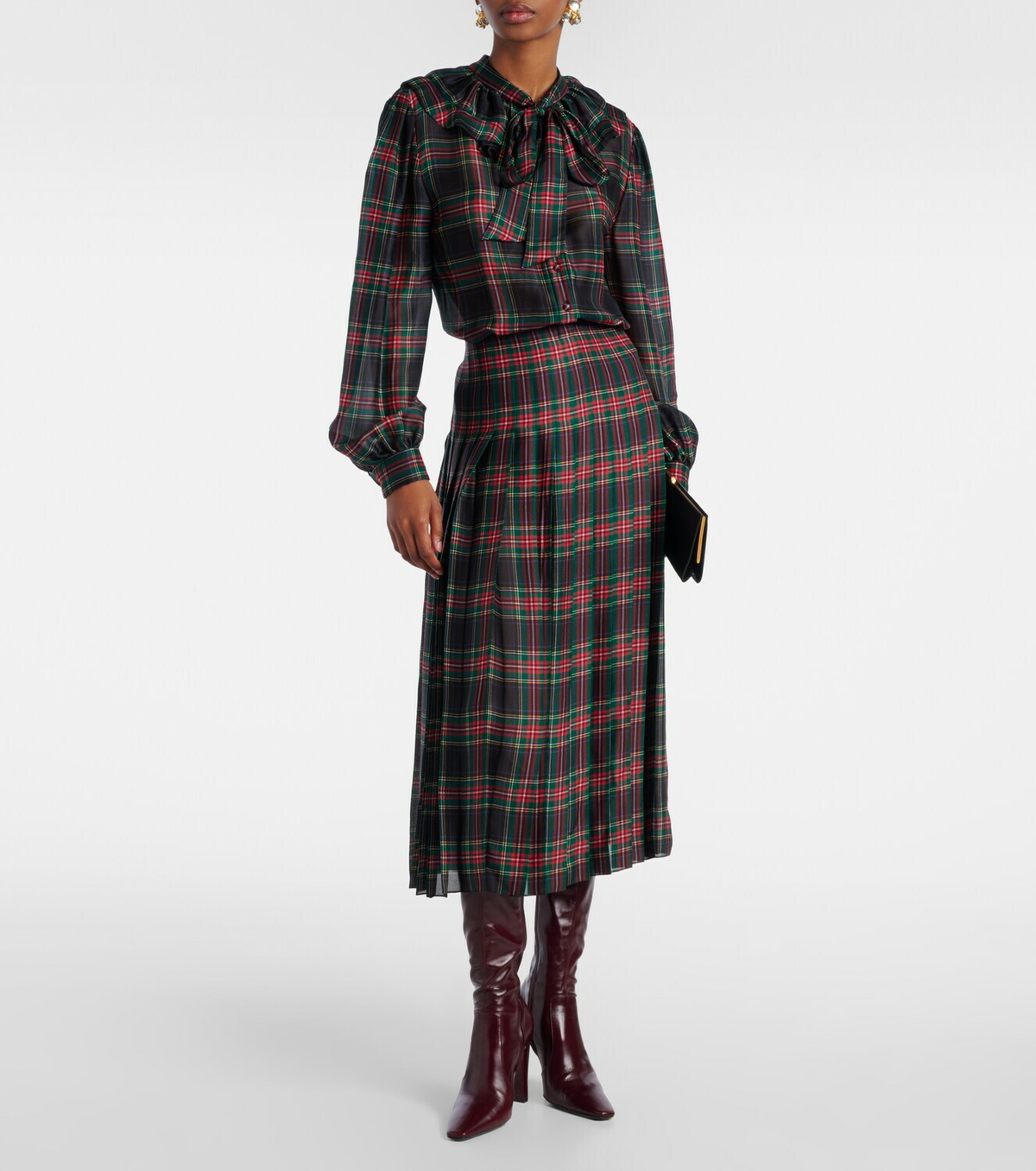 Saint Laurent Checked pleated silk charmeuse midi dress
