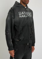 Satoshi Nakamoto Luke Printed Hooded Distressed Cotton Sweatshirt Black