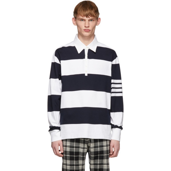 Photo: Thom Browne Navy and White Rugby Stripe Polo