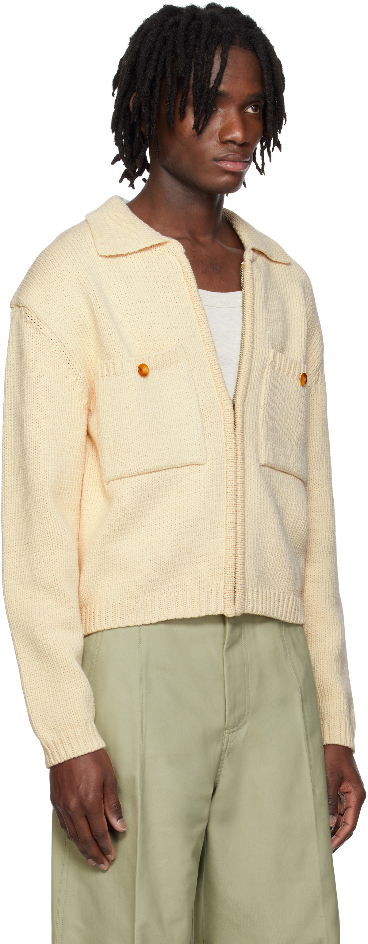 RECTO Off-White Pockets Detail Knit Zip-Up Cardigan