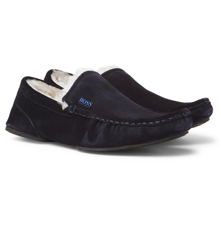 Photo: Hugo Boss - Faux Shearling-Lined Suede Slippers - Blue