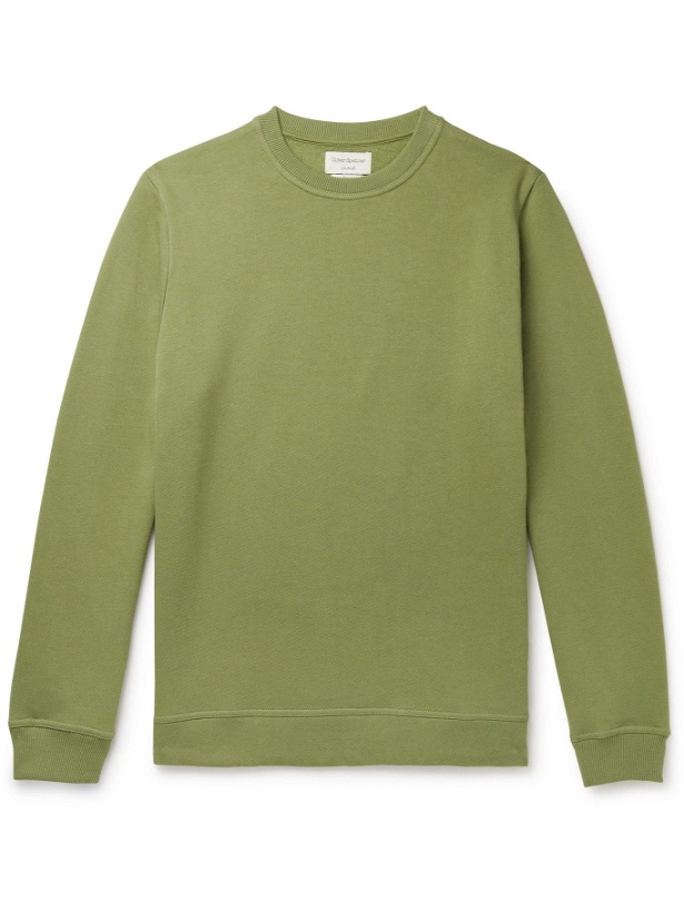 Photo: OLIVER SPENCER LOUNGEWEAR - Harris Organic Fleece-Back Cotton-Jersey Sweatshirt - Green
