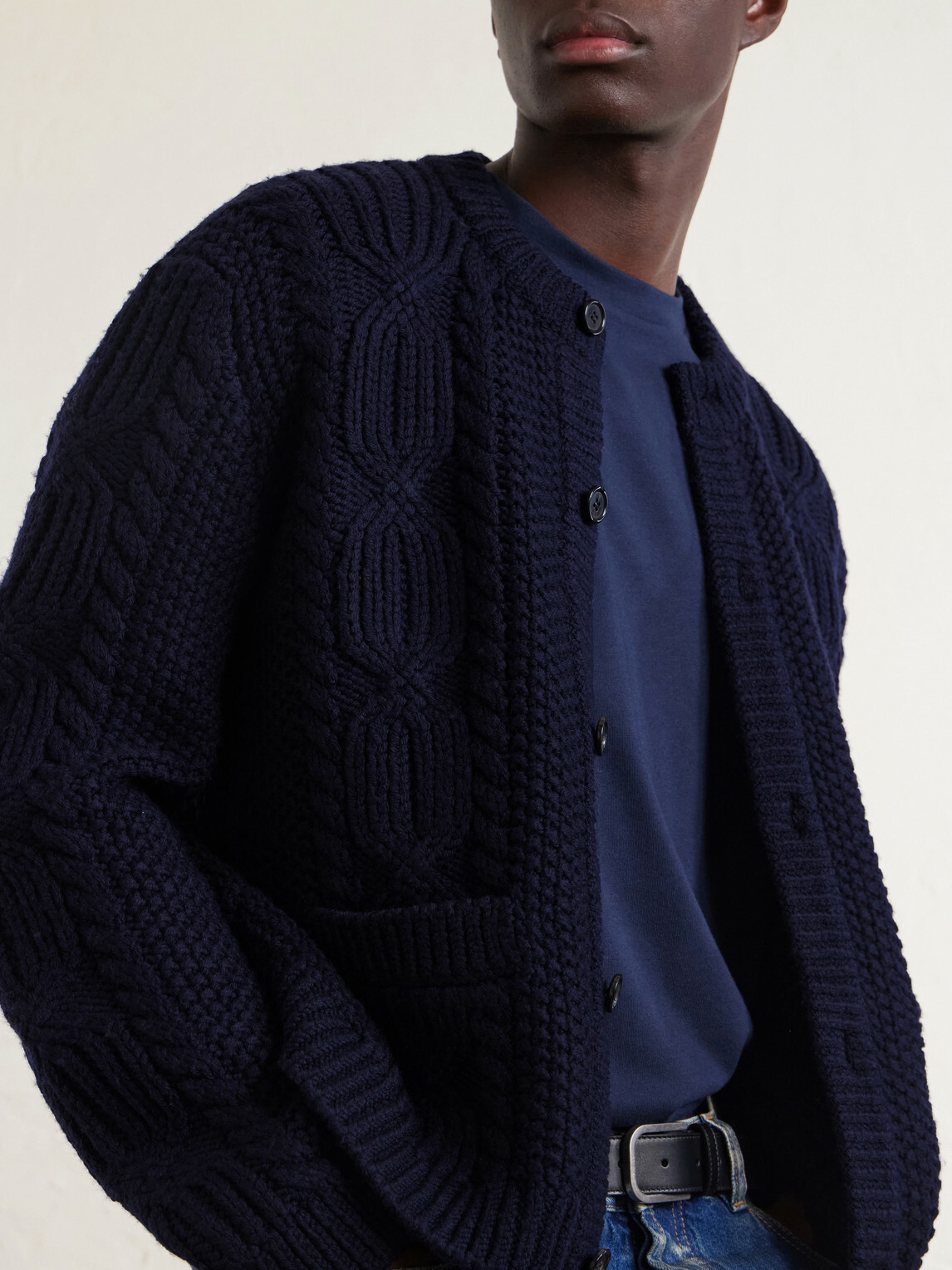 SAINT LAURENT - Cable-Knit Wool Cardigan - Blue