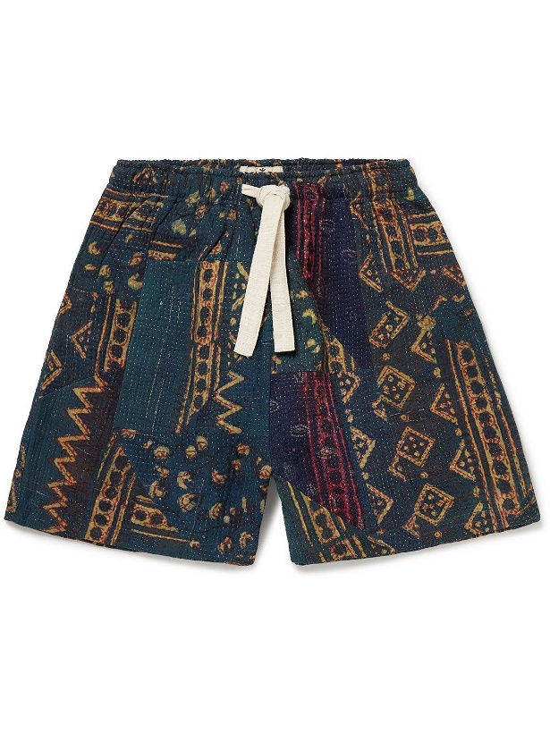 Photo: Karu Research - Wide-Leg Upcycled Embroidered Patchwork Cotton Drawstring Shorts - Blue
