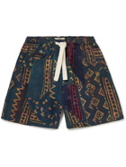 Karu Research - Wide-Leg Upcycled Embroidered Patchwork Cotton Drawstring Shorts - Blue