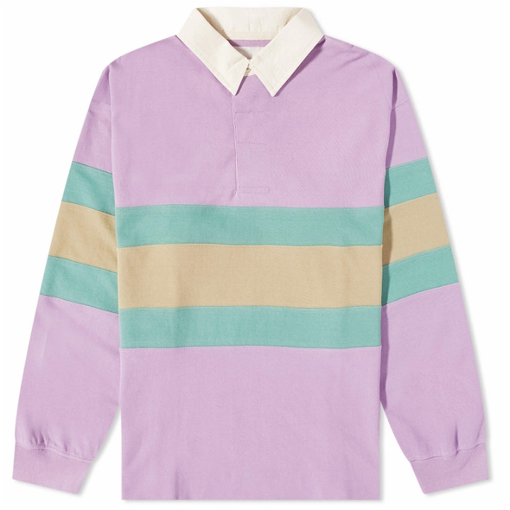 Photo: Story mfg. Men's Climber Striped Rugby Shirt in Lavender