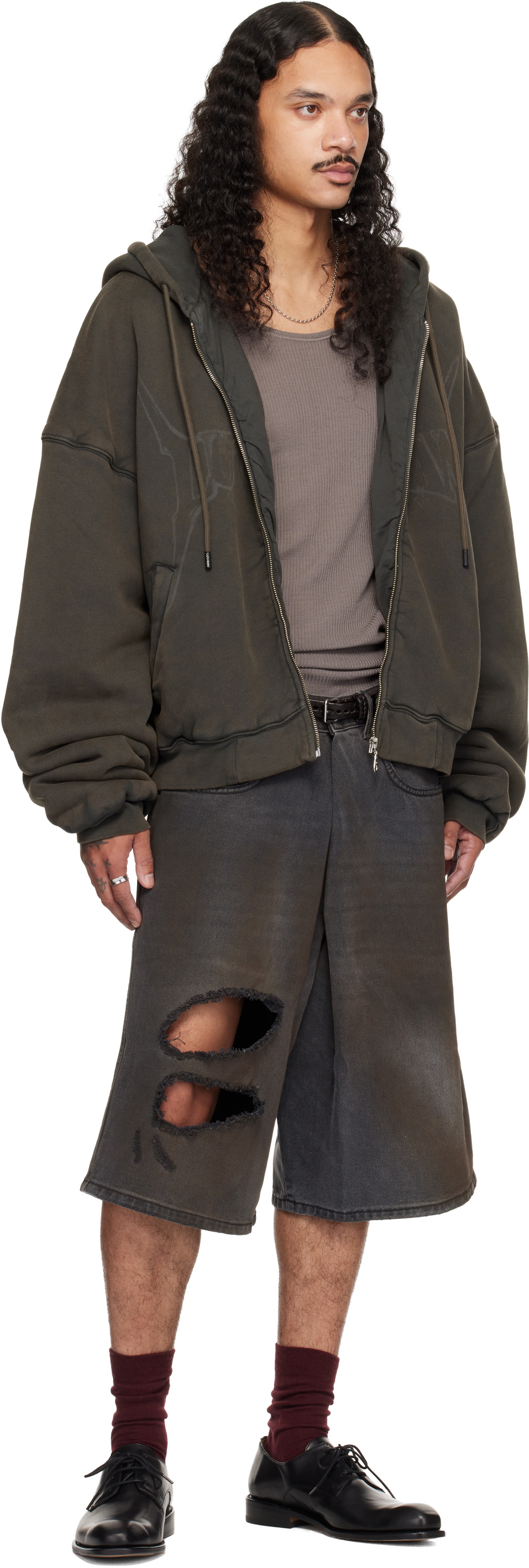 LU'U DAN Gray Washed Out Zip Up Hoodie