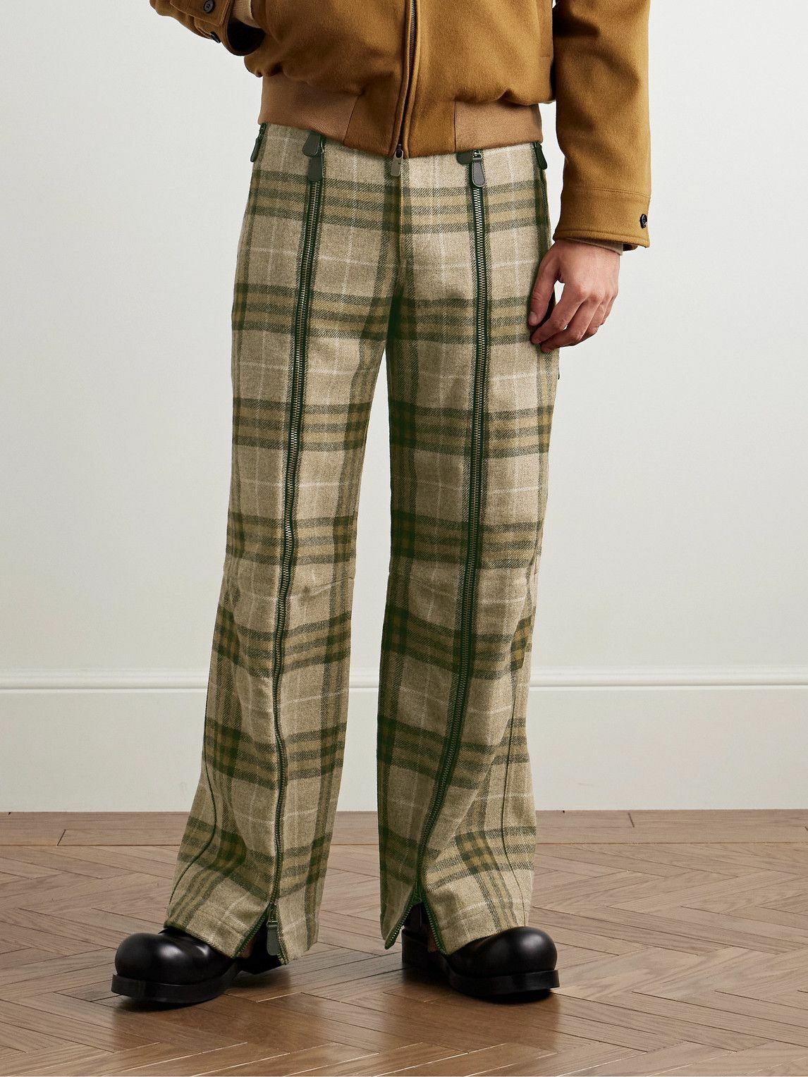 Burberry - Straight-Leg Zip-Detailed Checked Wool Trousers - Green