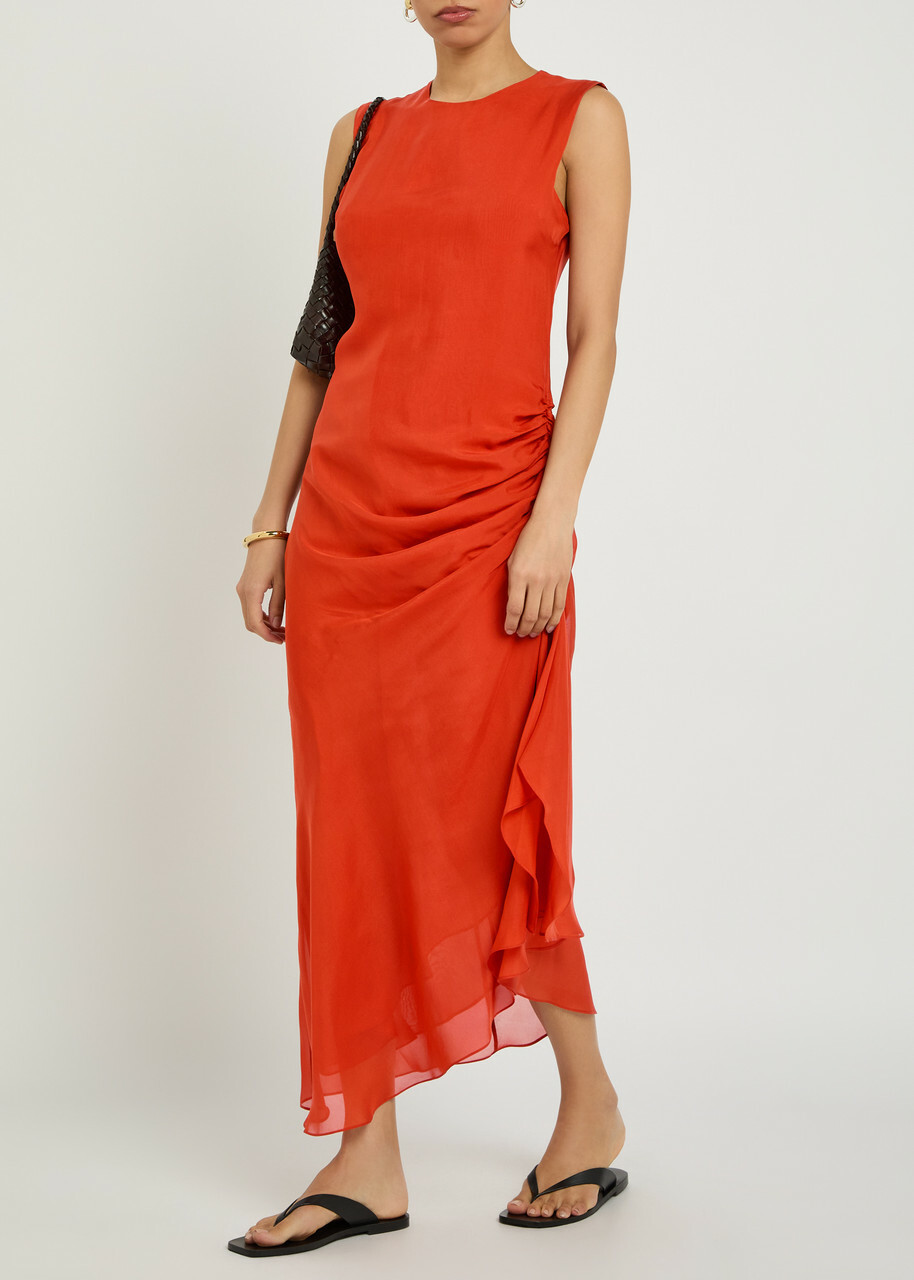 Liberowe Enya Gathered Silk Maxi Dress Red