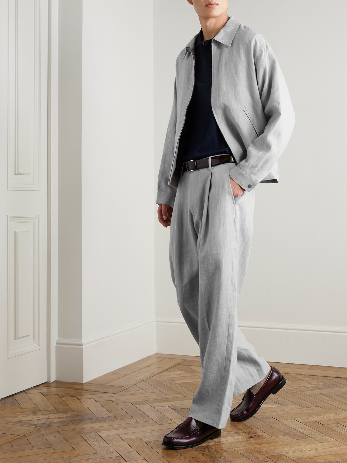 NN07 - Kay 1455 Straight-Leg Pleated Pinstriped Linen Trousers - Gray