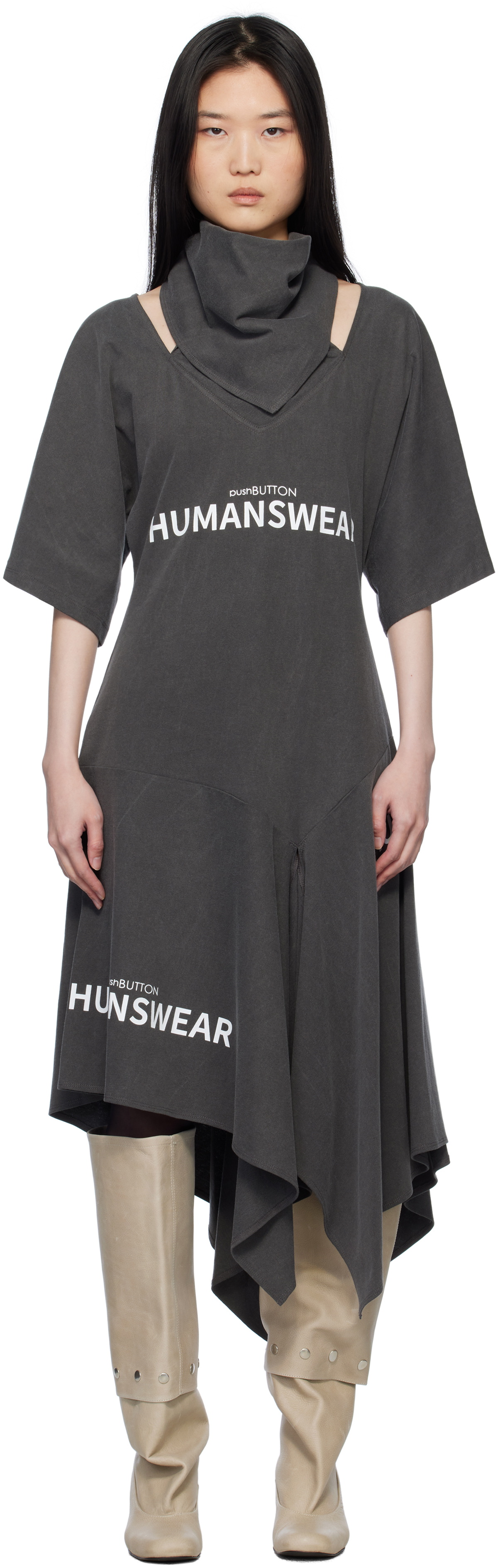 Pushbutton Gray Scarf Midi Dress